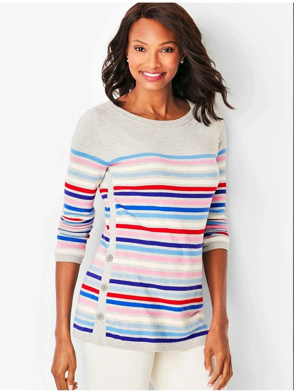 Talbots Multi-Stripe Side-Button Sweater Womens M Petite Gray Blue Red Pink